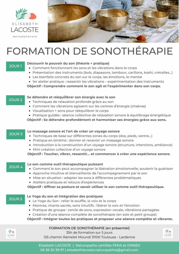 programme de formation de sonothérapie sept 2024 programme formation sonothérapie Toulouse 2025, formations bols tibétains